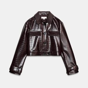 Zara Dark Brown Cropped Croc-Embossed Leather Jacket